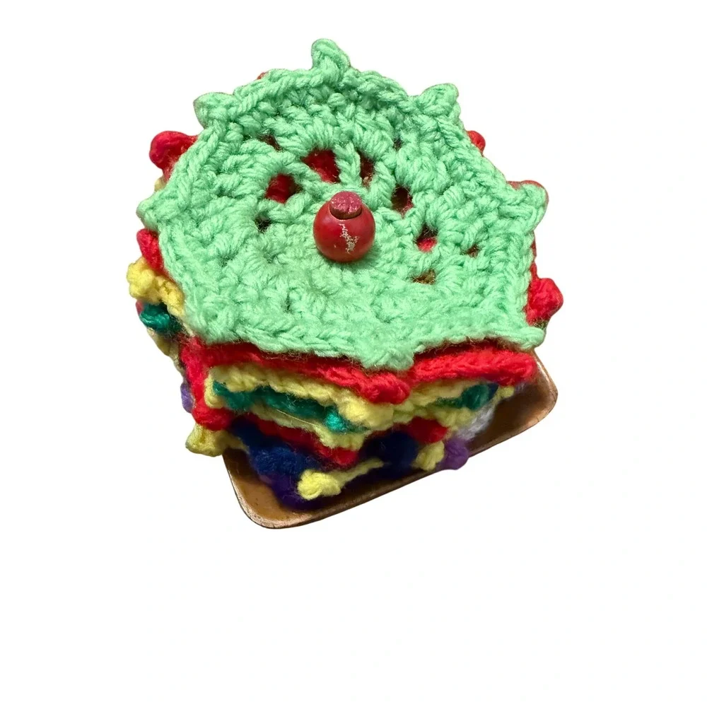 Vintage Handmade Crochet Coaster Set 9 pc Rainbow Star with Wooden Spindle Base